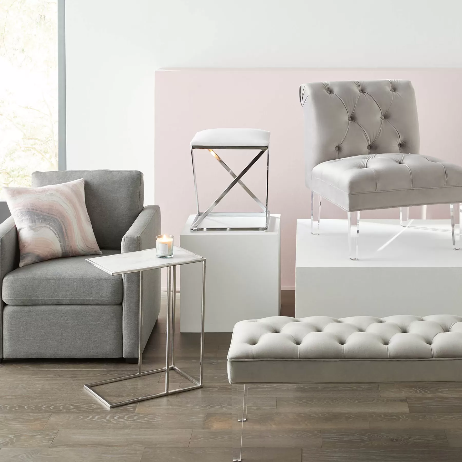 Laila Ali Grey Tufted Accent Chair With Clear Acrylic Legs Outlet^* Shop